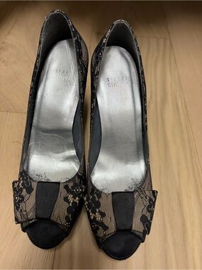 Stuart Weitzman Black Lace Over Nude Peep-Toe Heels